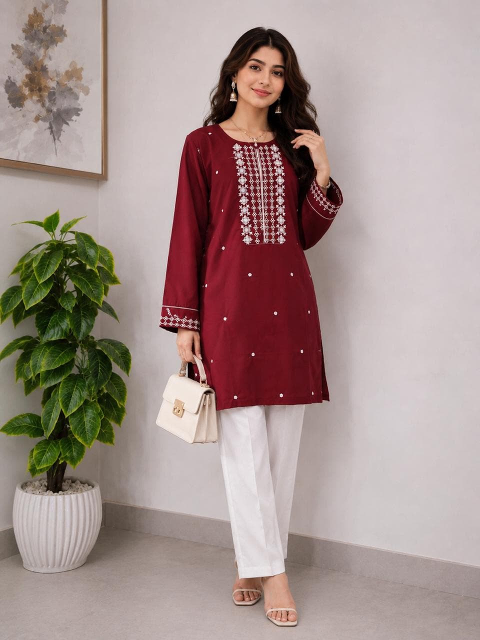 Embroidered Kurti & Trouser – Maroon