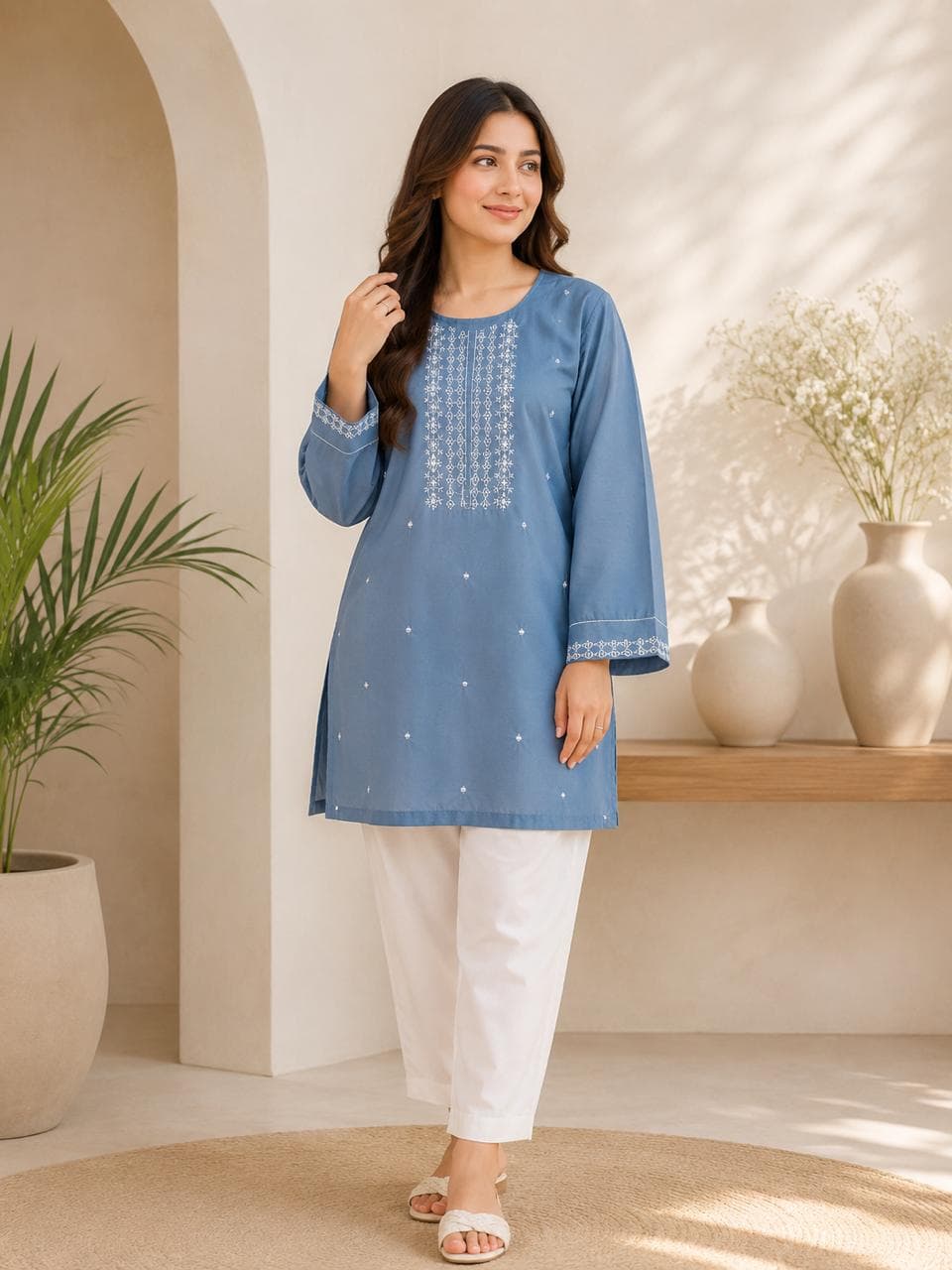 Embroidered Kurti & Trouser – Steel Blue