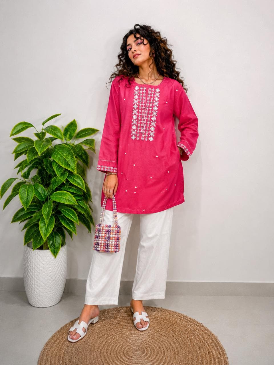 Embroidered Kurti & Trouser – Hot Pink