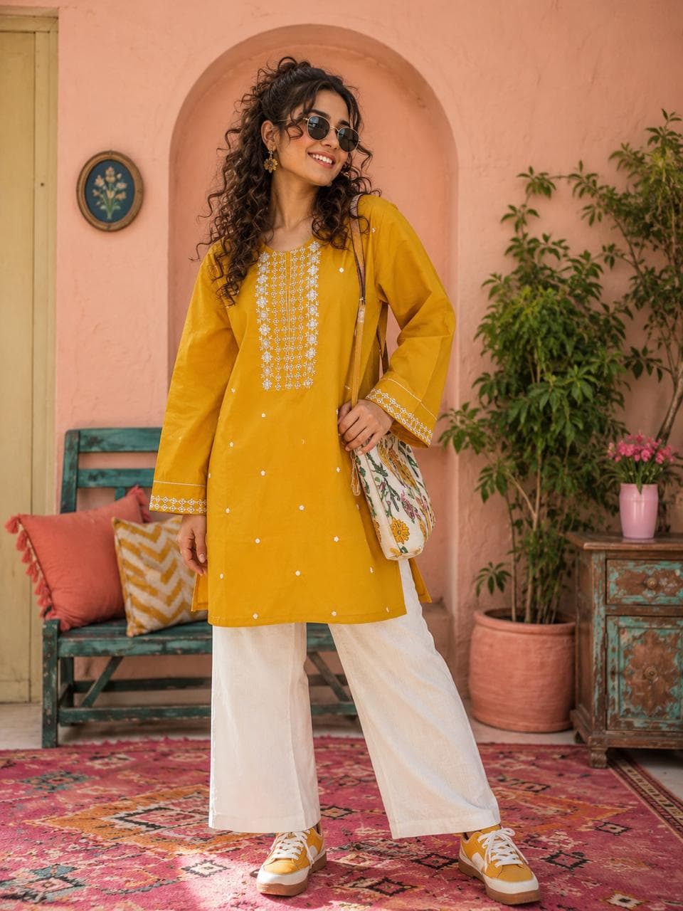 Embroidered Kurti & Trouser – Mustard