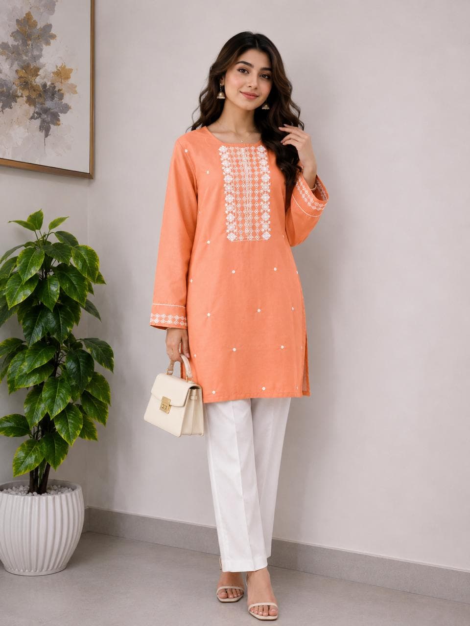 Embroidered Kurti & Trouser – Peach